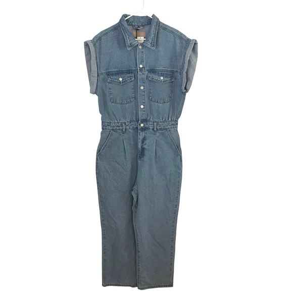 Blank NYC Women's Denim Straight Leg Snap Front Jean Romper Jumpsuit L Large New - Picture 1 of 12